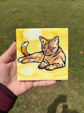 Dark Tortoiseshell Tabby Cat Ceramic Tile Decor - Home Decor